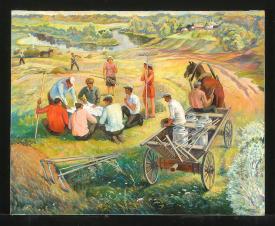 Haymaking at the Village Berezovo by Gennadi Grigorevich Grishchenko (b. 1940)