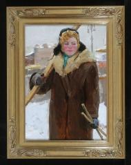 A Girl with Skis by Vasili Kuzmich Komolov (1918–1985)