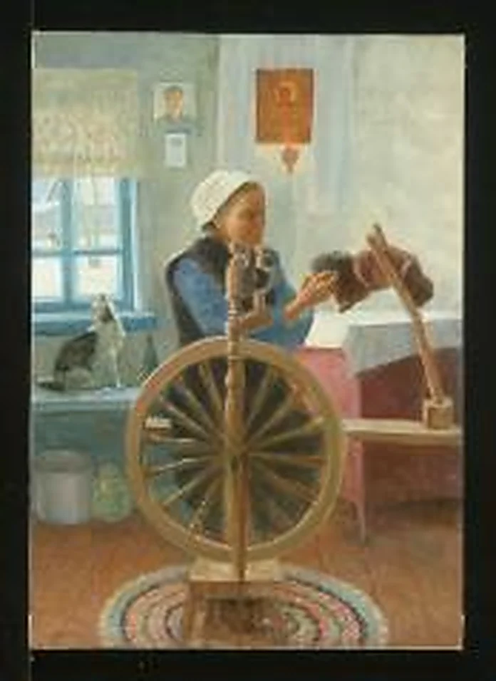 At the Spinning Wheel by Alexander Mikhailovich Kurzanov (b. 1938)