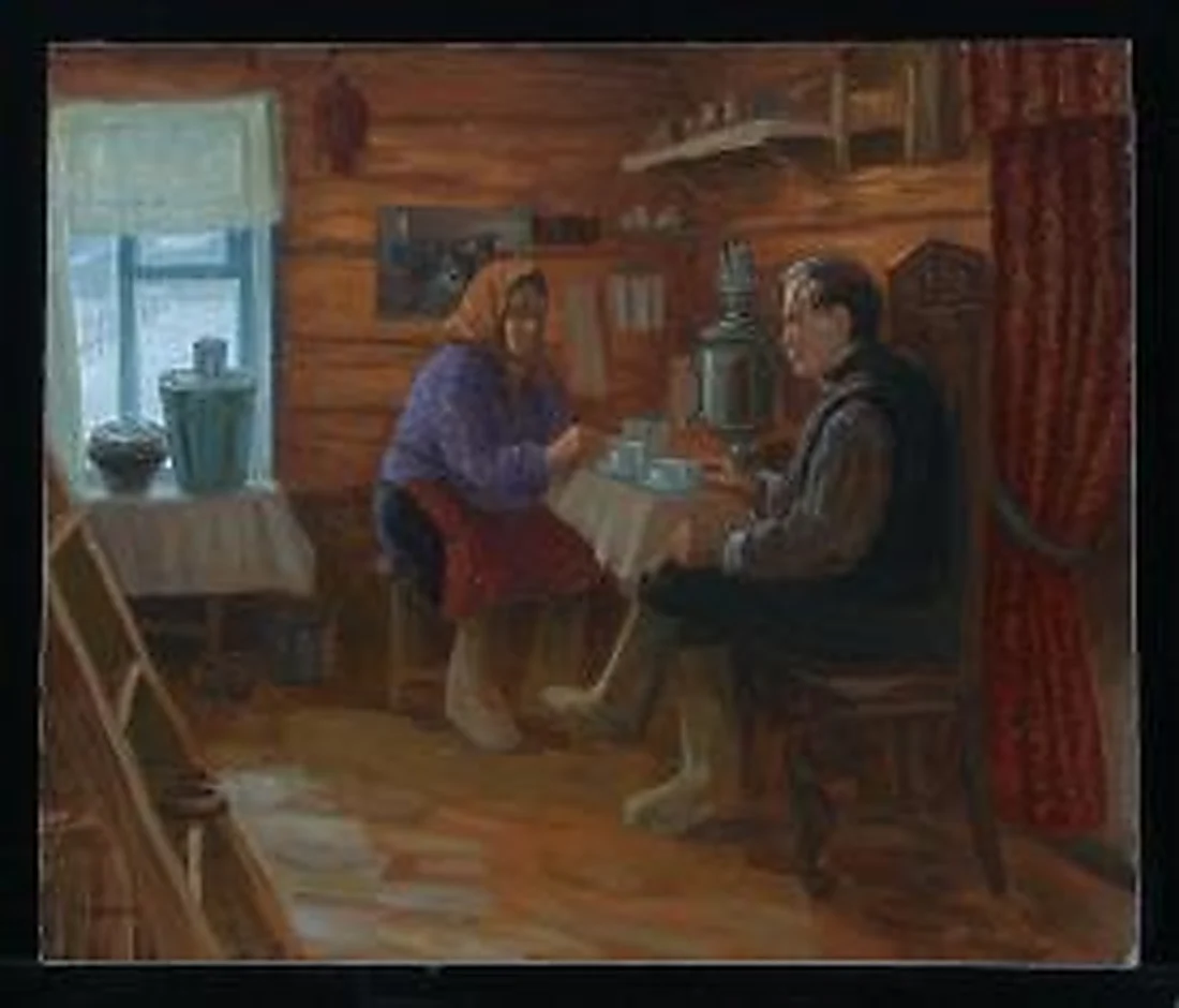 Breakfast. Iskusnikov with his Wife by Alexander Mikhailovich Kurzanov (b. 1938)
