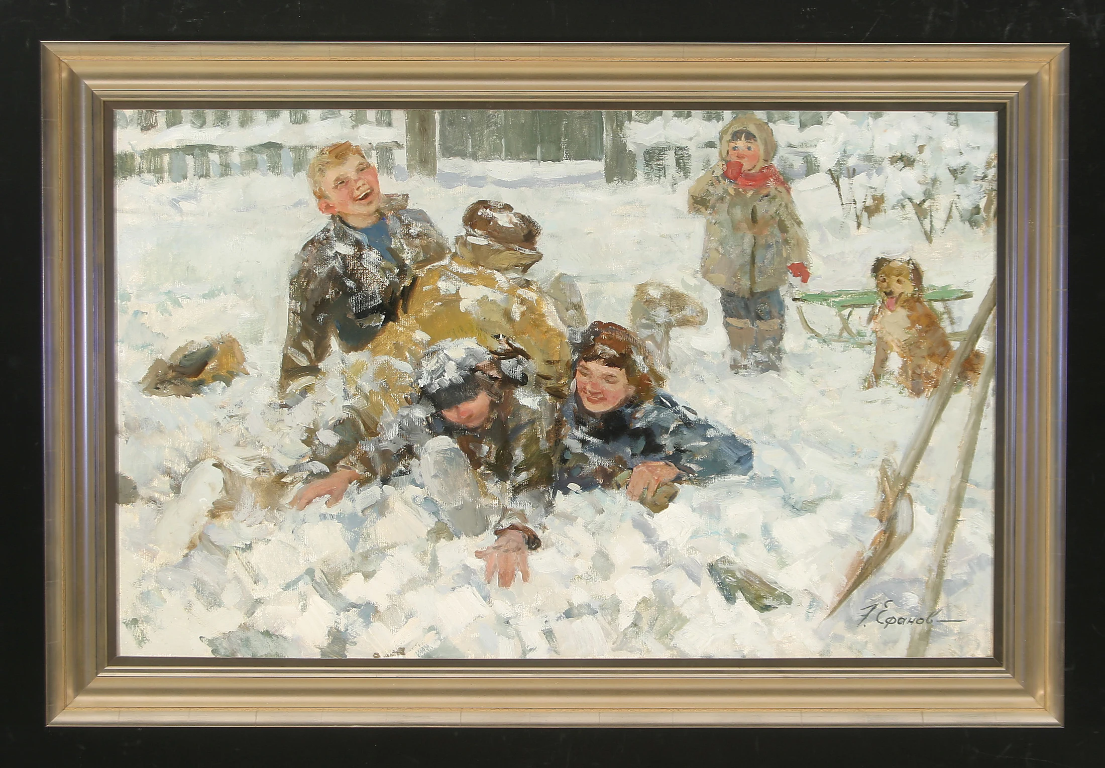 Boys Playing in the Snow by Edouard Panteleimonovich Efanov (b. 1938)