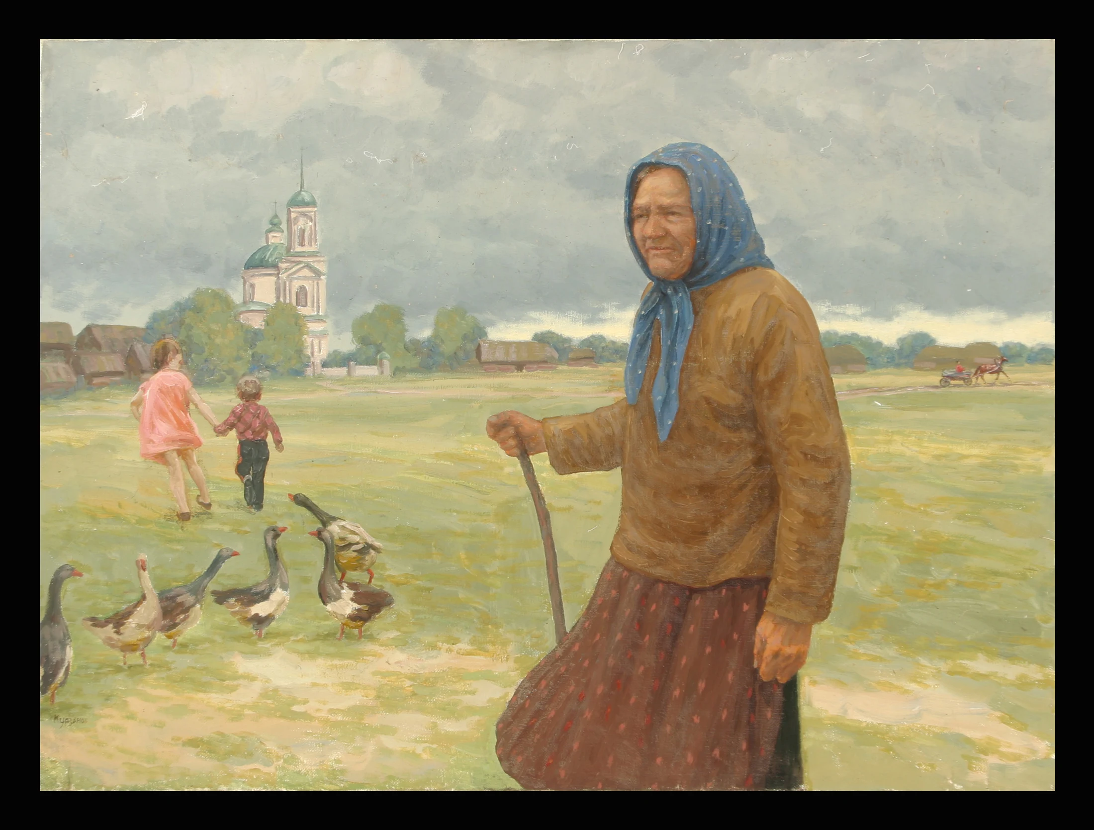 The Old Woman with Geese by Alexander Mikhailovich Kurzanov (b. 1938)