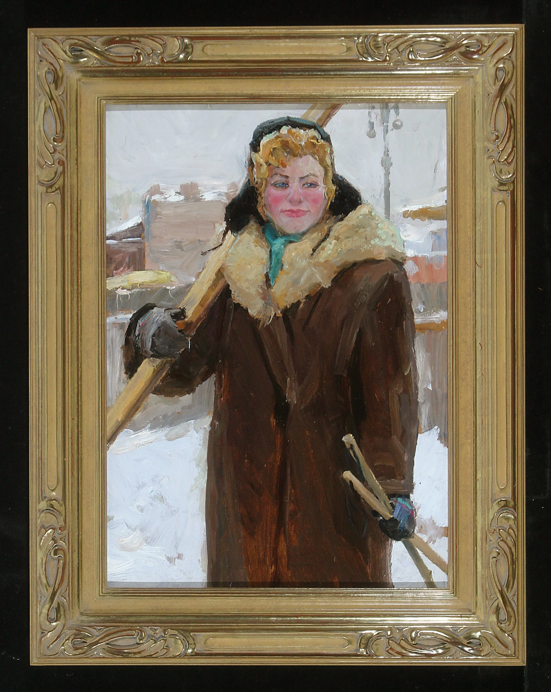 A Girl with Skis by Vasili Kuzmich Komolov (1918–1985)