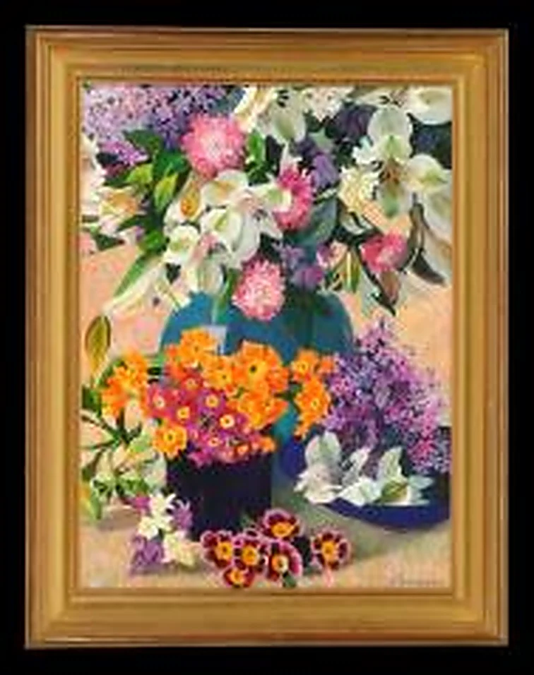 Floral Still Life with Blue Pots by Lilia Anatolionva Dolganova (b. 1964)
